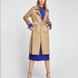 NWT Zara Tan Faux Suede Belted Trench Coat